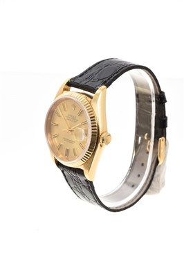 Lot 797 - Gentlemen’s Rolex Oyster Perpetual Datejust 18ct gold wristwatch, model 16018, serial number 5957332, with gold dial, applied gold baton hour markers and gold hands in 18ct yellow gold 36mm case wi...