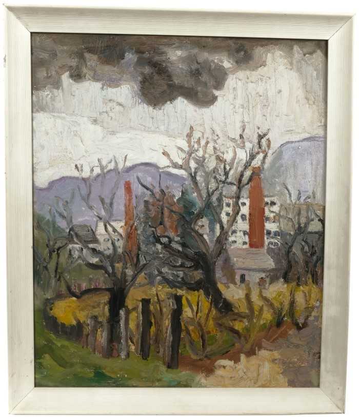 Lot 1613 - *Lucy Harwood (1893-1972) oil on canvas - Industrial Landscape Through The Trees, signed verso and titled, framed, 61cm x 51cm, remnants of a Ixion label verso