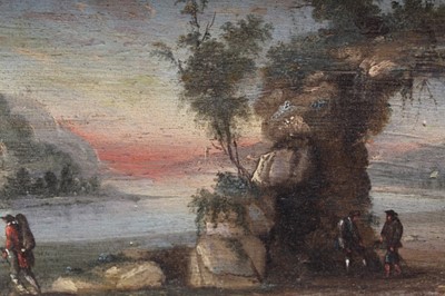 Lot 1611 - Pair of late 18th/early 19th century Italian school oils on panel - Lake views with figures gathered on the shore, in gilt frames, 10cm x 15.5cm
