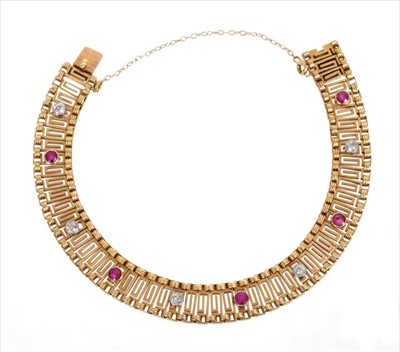 Lot 366 - Early 20th century French gold diamond and ruby bracelet