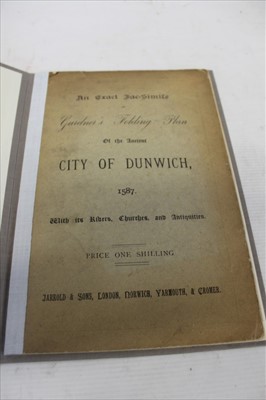 Lot 2366 - An exact facsimile of Gardner’s folding plan of the Ancient City of Dunwich, 1587, Joshua Kirby, engraved J Wood after Gardner, 1753, modern cloth slip case, together with Hamlet Whatling -History...