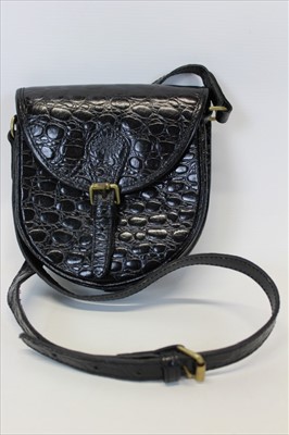 Lot 3085 - Mulberry Vintage Handbag small Black mock croc leather satchel style with shoulder strap.  Impressed Mulberry tree logo and tweed lining.