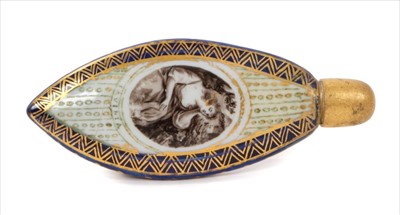 Lot 10 - Early 19th century English porcelain scent bottle, probably Chamberlain Worcester, painted en grisaille with figural scene entitled 'Lavinia', landscape scene verso, on a cobalt blue and gilt patte...