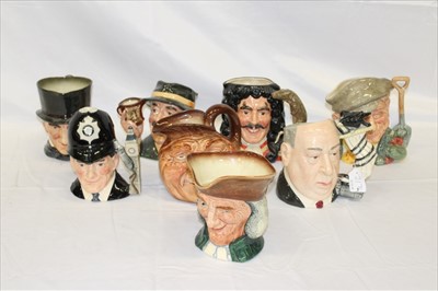 Lot 2171 - Eight Royal Doulton character jugs - Captain Hook D6497, The London Bobby D6744, Alfred Hitchcock D6986, John Barleycorn D5327, John Peel, The Gardener D6630, Vicar of Bray and The Collector DD6796