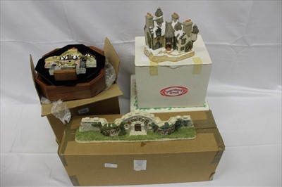 Lot 2165 - Collection of David Winter cottage ornaments, boxed, to include The Castle Wall, Pershore Mill, Christmas in Scotland and Hogmanay, and Plucked Ducks plaque (4)