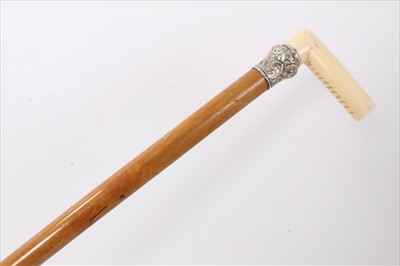 Lot 3684 - Victorian Malacca walking cane with ebonised silver collar, engraved HW Bellairs 1892 (London 1889) and carved ivory crutch handle 90.5cm overall length