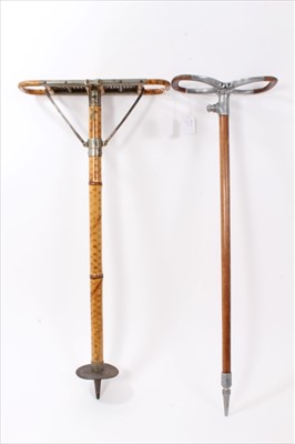 Lot 3695 - Late 19th/early 20th  Bamboo shooting stick with folding Rattan seat and metal fittings stamped Btt S.G.D.G engraved initial M., together with another with folding aluminium seat (shield missing) s...