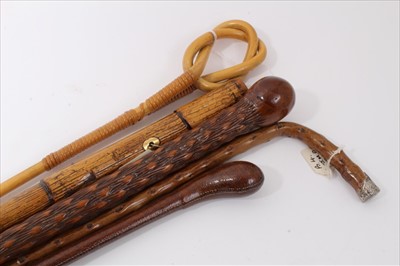 Lot 3705 - Old stepped Malacca walking cane with gold coloured eyelets together with a Congo cane stick, another with silver mounted crutch handle (Birmignham 1899), a knotted bamboo walking cane and a leathe...