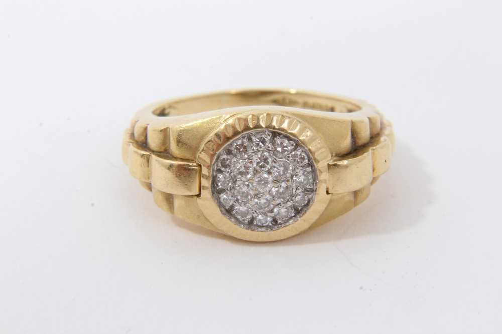 Lot 3444 - 18ct gold and diamond ring with pavé set diamonds in Rolex style setting. Finger size P1/2
