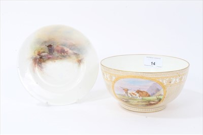Lot 14 - Late 19th century Minton porcelain bowl, circa 1868-73, finely painted with a panel of highland cattle, with banding, Greek key pattern and drapes in gilt, the painting attributed to Henry Mithchel...