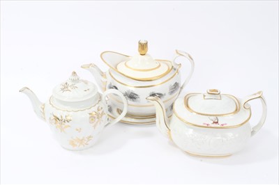 Lot 15 - 19th century English tea wares, to include a Chamberlain Worcester, circa 1815, with moulded floral decoration and armorial crest of a collared elephant with the motto 'TRY', printed mark inside of...