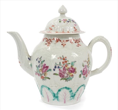 Lot 16 - Late 18th century Liverpool Christians teapot, circa 1770, with palm leaf moulding and polychrome floral painting, 19cm height