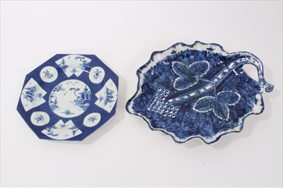 Lot 9 - 18th century Bow octagonal plate, circa 1760, painted with oriental scenes on a powder blue ground, 16.5cm across, and a Bow leaf dish, painted in underglaze blue with a vine pattern, 24.5cm length...