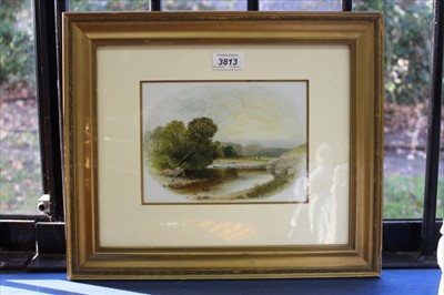 Lot 3813 - J. W. Law, Edwardian gouache on opaque glass panel depicting a river landscape, signed and dated 1905, in glazed gilt frame