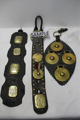 Lot 3800 - Good collection of antique martingales, approximately 20 leather straps hung with various decorative brasses
