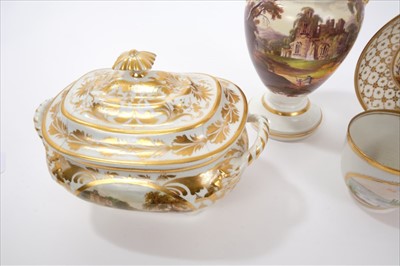 Lot 26 - Early 19th century English landscape-painted and gilt porcelain, to include a Ridgway vase, 21cm height, a pint mug with hunting scene, a Derby sucrier with a titled scene, and a Minton cup and sau...