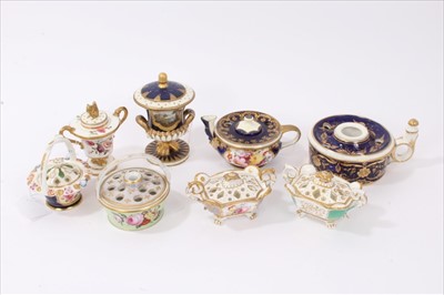 Lot 28 - Collection of eight early 19th century English porcelain pot pourri, including Worcester, Crown Derby, Spode and Coalport, variously decorated with flowers, landscapes, etc (8)