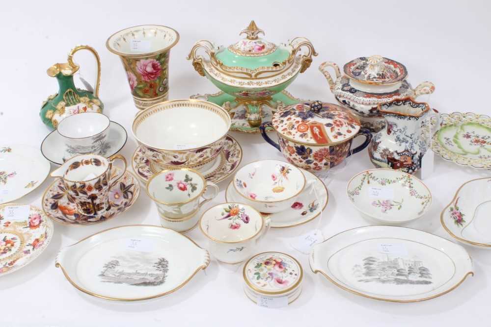 Lot 35 - Large collection of 18th and 19th century English porcelain, including Coalport tureen and stand, Derby ewer, reticulated Derby dish, Lowestoft polychrome painted saucer, Crown Derby purple and gol...