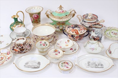 Lot 35 - Large collection of 18th and 19th century English porcelain, including Coalport tureen and stand, Derby ewer, reticulated Derby dish, Lowestoft polychrome painted saucer, Crown Derby purple and gol...