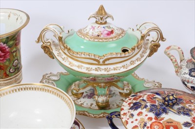 Lot 35 - Large collection of 18th and 19th century English porcelain, including Coalport tureen and stand, Derby ewer, reticulated Derby dish, Lowestoft polychrome painted saucer, Crown Derby purple and gol...