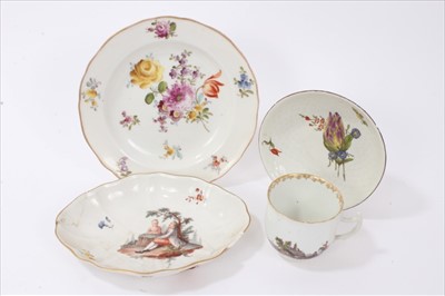 Lot 36 - 18th century Meissen cup, finely painted with figural scenes, a Ludwigsburg porcelain dish of similar period, painted with a figural scene and flowers, a further Ludwigsburg saucer painted with flo...
