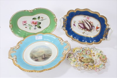 Lot 37 - Early 19th century Coalbrookdale floral encrusted porcelain dish, painted with landscape scene, 20cm across, and three further early 19th century dishes, including one painted with a titled scene o...