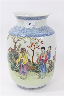Lot 43 - 20th century Chinese porcelain vase, painted in enamels with figures in a garden, with calligraphy on the reverse, with Ruyi and other patterns, seal mark to base, 29cm height