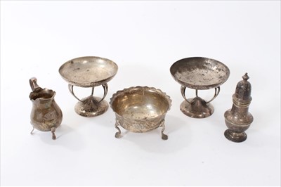 Lot 256 - Pair of Art Nouveau silver footed dishes, pepperette,  cream jug, and sugar bowl.