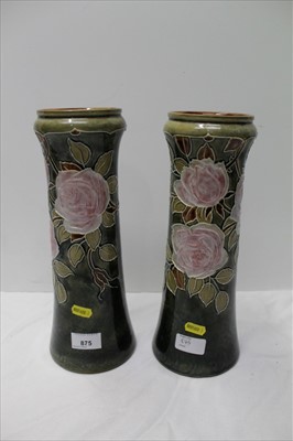 Lot 875 - Pair of Royal Doulton stoneware vases with tubed lined decoration of roses
