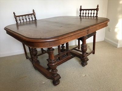 Lot 36 - Late 19th Century French walnut extending dining table on turned legs joined by stretchers together with a set of five matching dining chairs