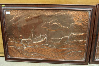 Lot 43 - Rare pair of early 20th century Northern English Arts & Crafts beaten copper plaques