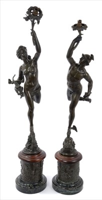 Lot 677 - Pair of 19th Century bronze figural lamps - Mercury and Fortuna
