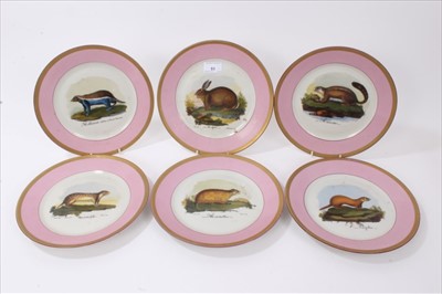 Lot 51 - Set of six Continental porcelain dessert plates, painted depicting various mammals, faux Vienna marks