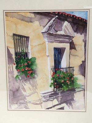 Lot 84 - Richard Akerman (b. 1942) watercolour, Red Geraniums on the balcony, signed, Chris Beetles gallery label verso