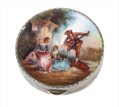 Lot 231 - 1920s silver and guilloché enamel circular box