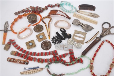 Lot 65 - Wooden work box containing vintage beads, buckles, sewing items and bijouterie