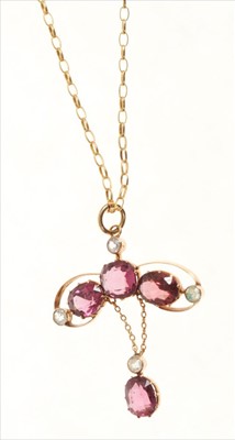 Lot 388 - Art Nouveau gold and garnet pendant with almandine garnets and white stones, on chain