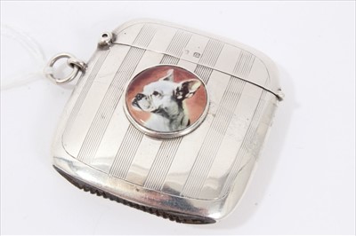 Lot 27 - Silver vesta case with an applied enamel plaque of French bulldog
