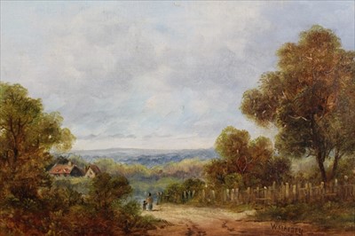 Lot 1131 - W. St. Henry, 19th century, oil on canvas - figures in a lane in extensive landscape, signed, in gilt frame, 19cm x 39cm