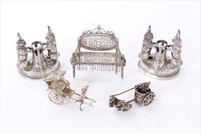 Lot 283 - Group of miniature white metal items including a pair of novelty hare taper sticks.