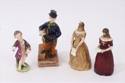 Lot 57 - Two rare Royal Worcester bird form candle extinguishers, a small Berlin figure and a Willow China figure of Sam Weller
