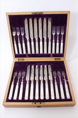 Lot 327 - Victorian silver and mother of pearl dessert set in original case.