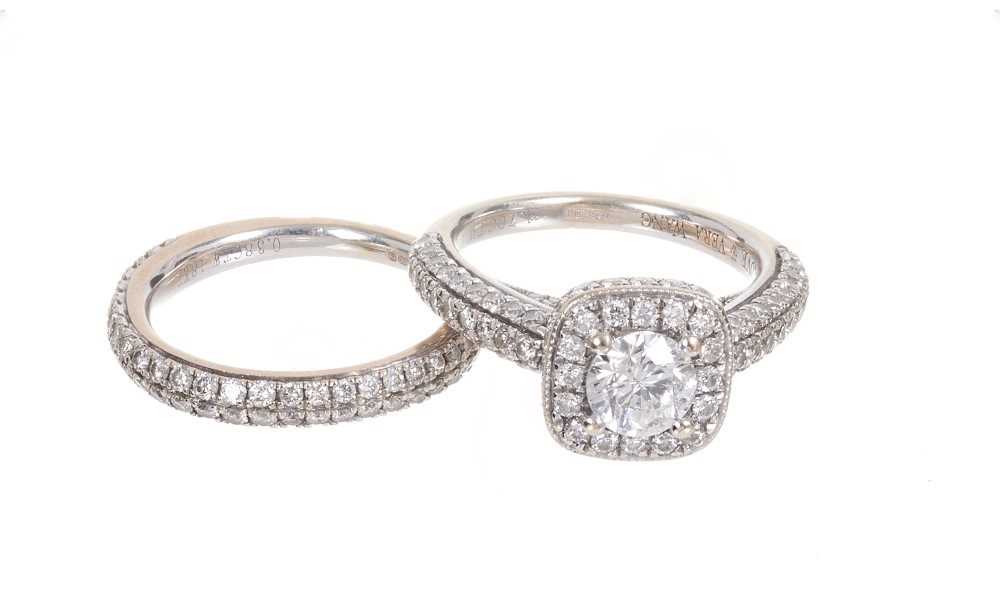 Lot 382 - Vera Wang Love Collection 18ct white gold diamond Halo ring, together with a matching wedding ring