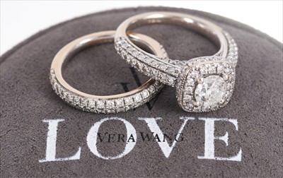 Lot 382 - Vera Wang Love Collection 18ct white gold diamond Halo ring, together with a matching wedding ring