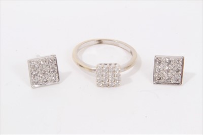 Lot 52 - 18ct white gold squared diamond cluster ring and similar pair earrings