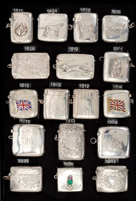 Lot 301 - Collection seventeen Victorian, Edwardian and later silver vesta cases including engraved postman on cycle, enamelled Union Jacks and applied animals (17)