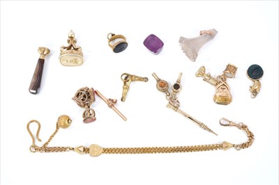 Lot 420 - Group antique seal fobs and a Victorian gilt metal Albertina
