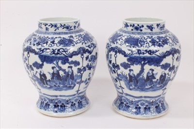 Lot 105 - Pair late 19th century Chinese blue and white baluster vases, painted with figural scenes, birds, flowers and various patterns, with character marks to the bases, 20.5cm height