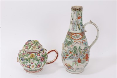 Lot 108 - 19th century Chinese famille verte ewer, spout lacking, well painted with warrior scenes, and an 18th century Chinese famille rose teapot, spout detached, with painted and applied floral decoration