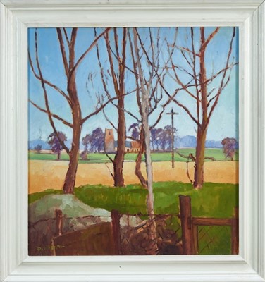 Lot 103 - David Britton, contemporary, oil on board - Blaxhall Church and Tree, Suffolk, signed, framed, 59.5 cm x 54cm